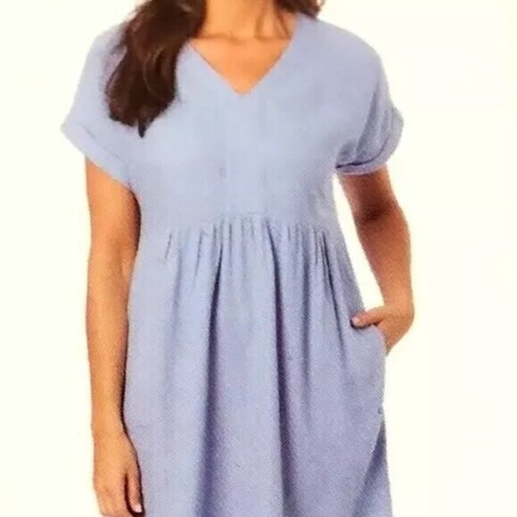 Briggs Ladies Size X-Large Blue Linen Blend V-Neck Pockets Pleated Dress Casual - Picture 1 of 16